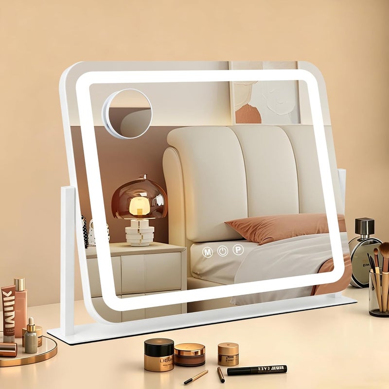 مرآة زينة Ratsamee بيضاء 20×16 بوصة مع أضواء، مرآة مكياج LED، مرآة مكياج مضيئة مع 3 ��لوان قابلة للتعتيم، تحكم ذكي باللمس، إطار معدني من الألومنيوم، منفذ شحن USB - Image 1