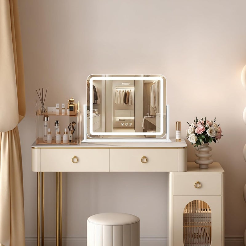 مرآة زينة Ratsamee بيضاء 20×16 بوصة مع أضواء، مرآة مكياج LED، مرآة مكياج مضيئة مع 3 ��لوان قابلة للتعتيم، تحكم ذكي باللمس، إطار معدني من الألومنيوم، منفذ شحن USB - Image 3