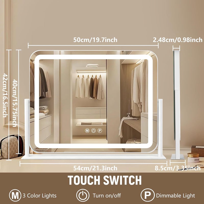 مرآة زينة Ratsamee بيضاء 20×16 بوصة مع أضواء، مرآة مكياج LED، مرآة مكياج مضيئة مع 3 ��لوان قابلة للتعتيم، تحكم ذكي باللمس، إطار معدني من الألومنيوم، منفذ شحن USB - Image 2