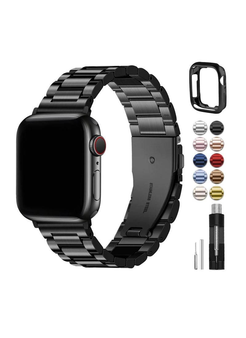 Fullmosa - Fullmosa Compatible Apple Watch Bands 49mm 45mm 46mm 44mm 42mm 41mm 40mm 38mm, Metal iWatch Band with Case for Apple Watch Ultra Series 10 9 8 7 6 5 4 3 2 1 SE, 42mm 44mm 45mm Black - Image 1