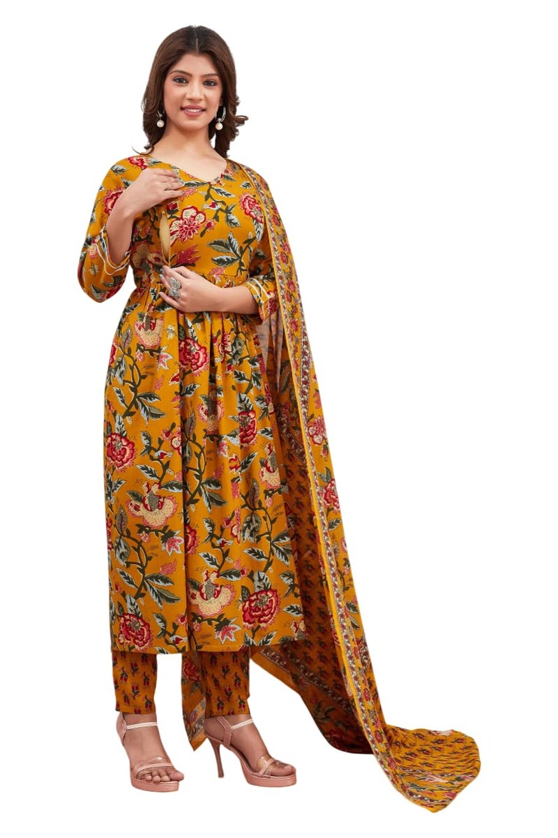 SKY FAB Women Viscose Rayon Anarkali Maternity and Nursing Kurta Set with Dupatta - Brown Floral and Geometric Pattern, 3/4 Sleeves, Comfortable Fit - Image 1
