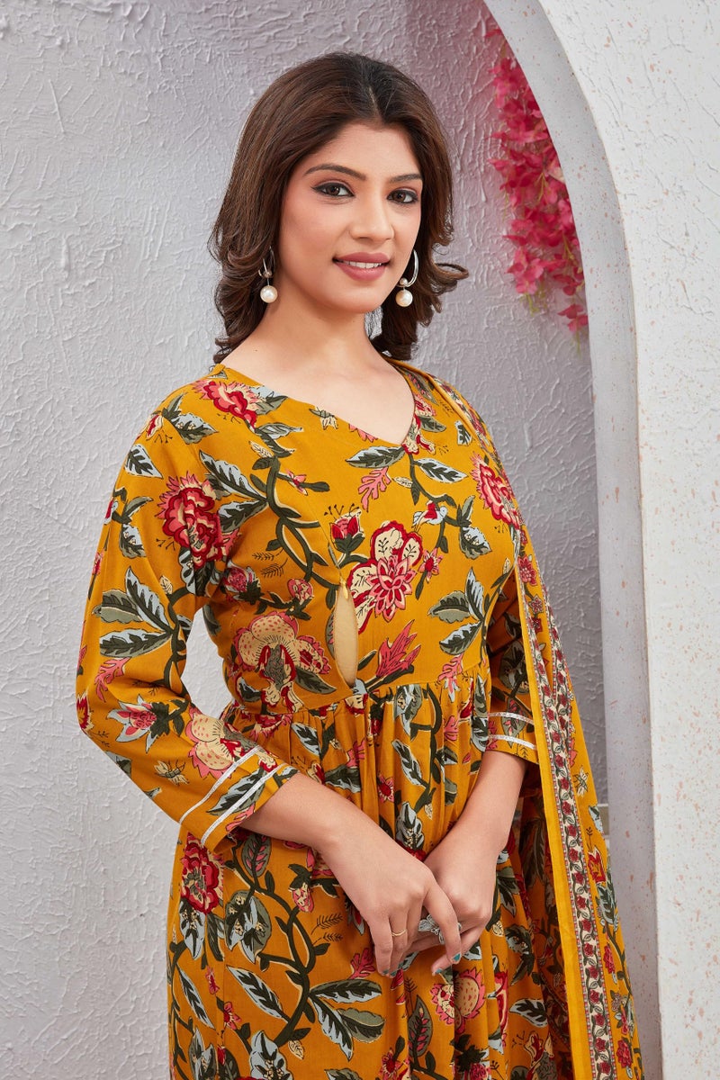 SKY FAB Women Viscose Rayon Anarkali Maternity and Nursing Kurta Set with Dupatta - Brown Floral and Geometric Pattern, 3/4 Sleeves, Comfortable Fit - Image 4