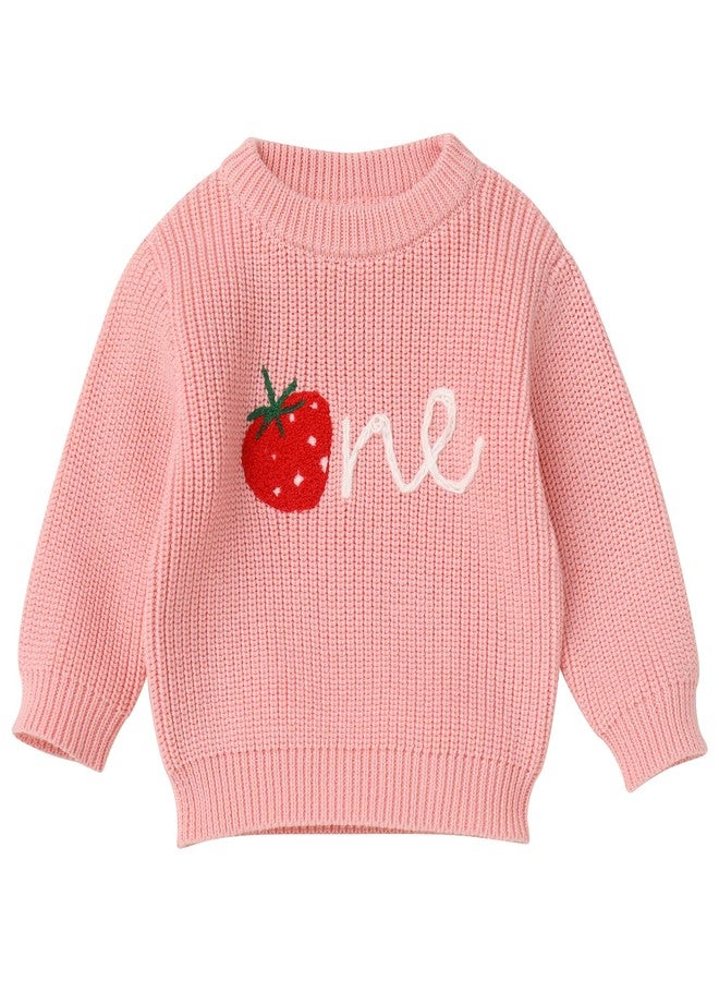 ODOLDI Berry First Birthday Outfit Pink One Strawberry Sweater Baby Cake Smash Photoshoot Long Sleeve Strawberry Knit Sweater Sweet One Birthday Outfit Pink Strawberry One 1 Year - Image 1