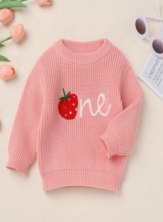 ODOLDI Berry First Birthday Outfit Pink One Strawberry Sweater Baby Cake Smash Photoshoot Long Sleeve Strawberry Knit Sweater Sweet One Birthday Outfit Pink Strawberry One 1 Year - Image 2