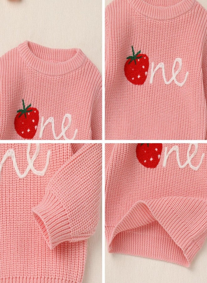 ODOLDI Berry First Birthday Outfit Pink One Strawberry Sweater Baby Cake Smash Photoshoot Long Sleeve Strawberry Knit Sweater Sweet One Birthday Outfit Pink Strawberry One 1 Year - Image 5