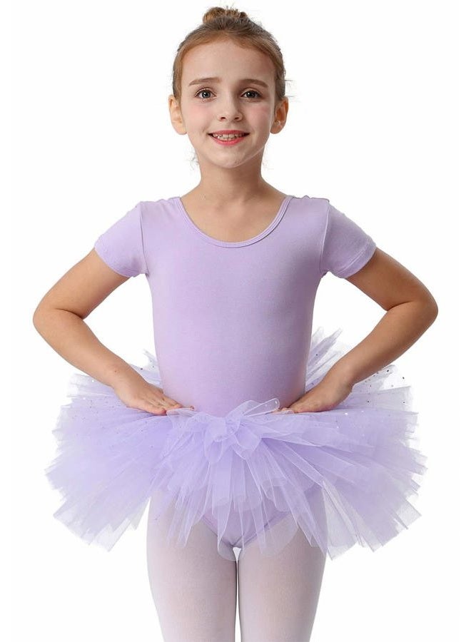 MdnMd Girls Toddler Short Sleeve Glitter Dance Ballet Tutu Ballerina Dress Outfit Leotard (Purple, 4-6 Years) - Image 1