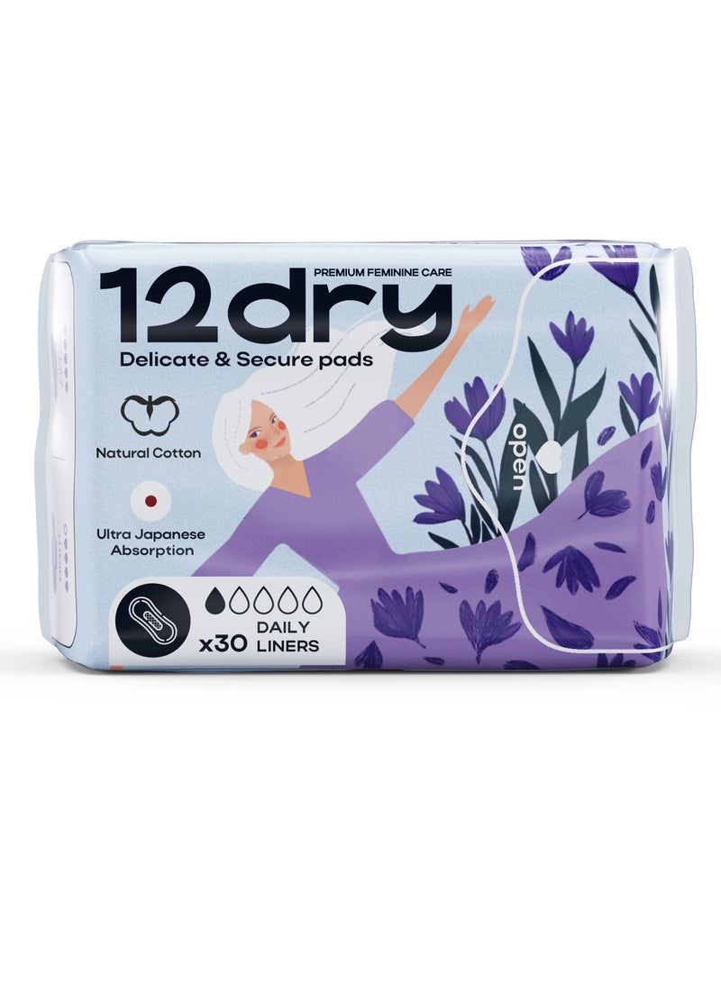 12dry Ultra-Thin Panty Liners, Pack of 30 – Daily Freshness, Breathable, Leak-Proof, Odor Control, Soft & Comfortable, Secure Stay-Put Fit, Sustainable, FDA & CE Certified - Image 1