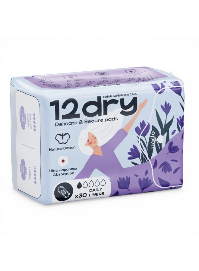 12dry Ultra-Thin Panty Liners, Pack of 30 – Daily Freshness, Breathable, Leak-Proof, Odor Control, Soft & Comfortable, Secure Stay-Put Fit, Sustainable, FDA & CE Certified - Image 1