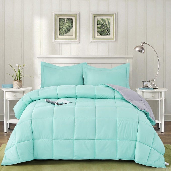 HIG REVERSIBLE LIGHTWEIGHT COMFORTER ALL SEASON DOWN ALTERNATIVE SUMMER DUVET INSERT BLUE QUILTED BEDDING COMFORTER WITH CORNER TABS TWINTWIN XL SIZE AQUA BLUELIGHT GREY