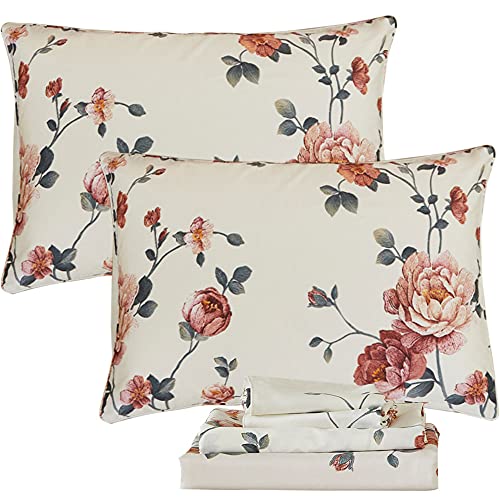 FADFAY Sheets Set Queen Shabby Beige Floral Bedding Elegant Peony Sheets Set Vintage Flower Bedding Collections Soft 100 Egyptian Cotton 800 Thread Count Deep Pocket Fitted Sheet 4PcsQueen Size