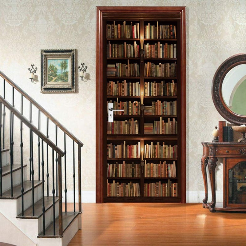 TUOKING Door Sticker, Peel and Stick Vinyl Door Decals, Self-Adhesive Mural for Home Decor, 30.3" W x 78.7" L, Set of 2 Sheets, Bookshelf - Image 2