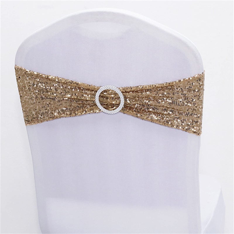 25 PCS Stretch Sequin Chair Sashes Chair Stretchy Spandex Bands for Wedding Reception Events Banquets Chairs Decoration Champagne