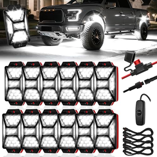 DITRIO 12 Pods 324 LED Pure White Rock Lights Kit with Switch Wiring Harness, 6500K 5050 SMD LED Underglow Lights, IP67 Waterproof Plug & Play Rock Lights for Trucks Pickup Offroad ATV UTV SUV(Patented) - Image 1