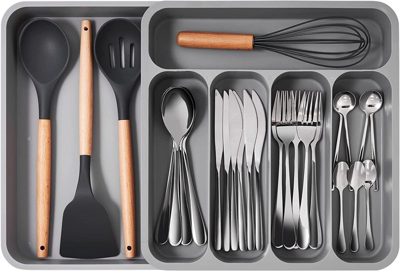 Styxon 5 Grid Cutlery Organizer, Expandable Kitchen Drawer and Utensil Holder, Adjustable Large Kitchen Tool | 34.5 x 52.5 x 5 CM | Plastic | Grey - Image 3