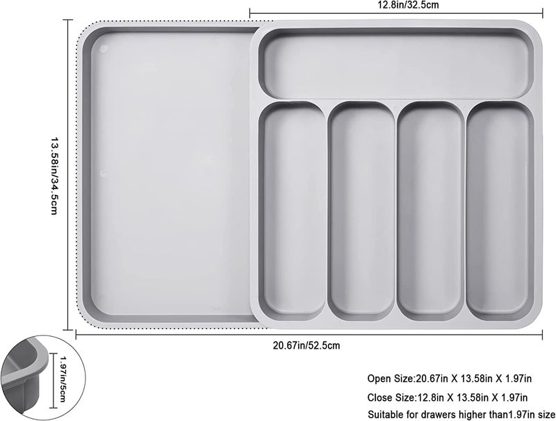 Styxon 5 Grid Cutlery Organizer, Expandable Kitchen Drawer and Utensil Holder, Adjustable Large Kitchen Tool | 34.5 x 52.5 x 5 CM | Plastic | Grey - Image 2