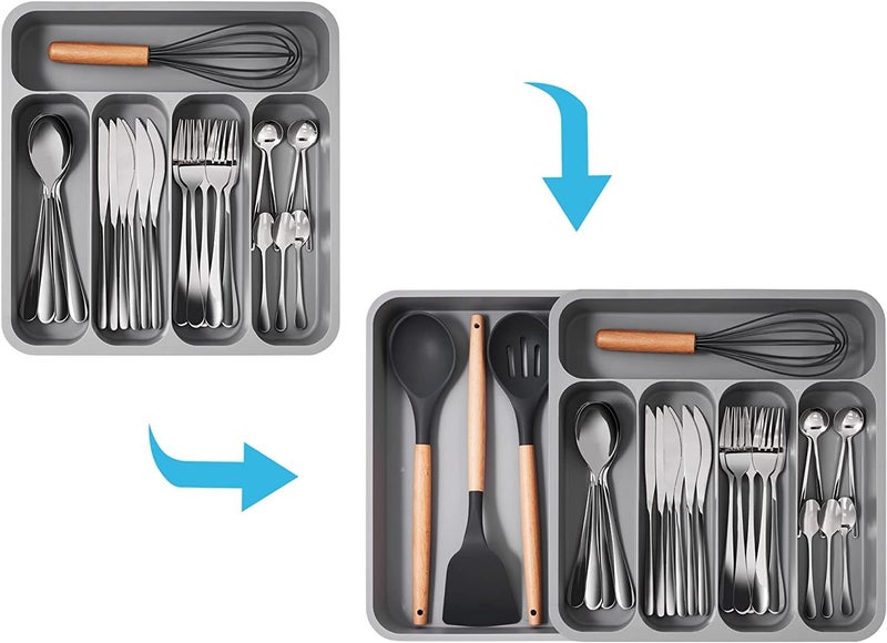 Styxon 5 Grid Cutlery Organizer, Expandable Kitchen Drawer and Utensil Holder, Adjustable Large Kitchen Tool | 34.5 x 52.5 x 5 CM | Plastic | Grey - Image 4
