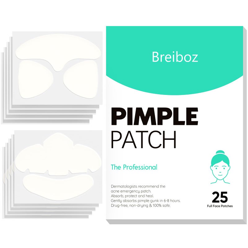 Breiboz Full Face Pimple Patches (5 Pack, 25 Patches),XL Hydrocolloid Acne Patches for Whole Face,Nose,Chin,Forehead,Cheeks w/Tea Tree Oil&Salicylic Acid,Large Invisible Zit Patches for Overnight Blemish Care - Image 1