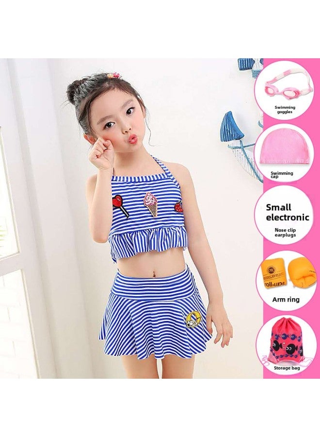 Generic Girls' Swimsuit Women's Split Big Kids Baby Western-style Cute Little Princess Skirt Swimsuit Girls' Children's Swimsuit-Color:1820 Blue Striped Split Swimsuit Six-piece Set-Size:2xl Size [height 135-145cm]  - Image 1