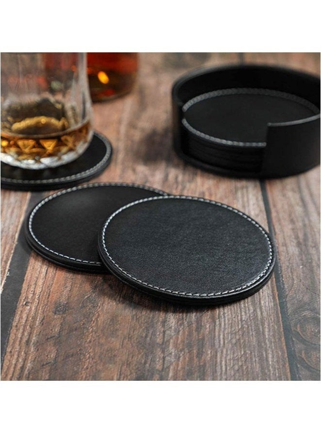 SHAOZHEN 6 PCS PU Leather Coaster Set with Holder, Water and Heat-Resistant Round Drink Mats, For Home or Gift (Black) - Image 2