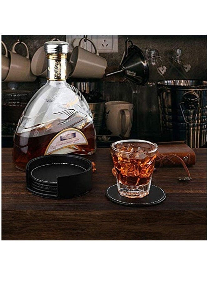 SHAOZHEN 6 PCS PU Leather Coaster Set with Holder, Water and Heat-Resistant Round Drink Mats, For Home or Gift (Black) - Image 3