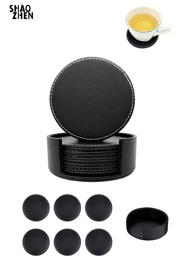 SHAOZHEN 6 PCS PU Leather Coaster Set with Holder, Water and Heat-Resistant Round Drink Mats, For Home or Gift (Black) - Image 1