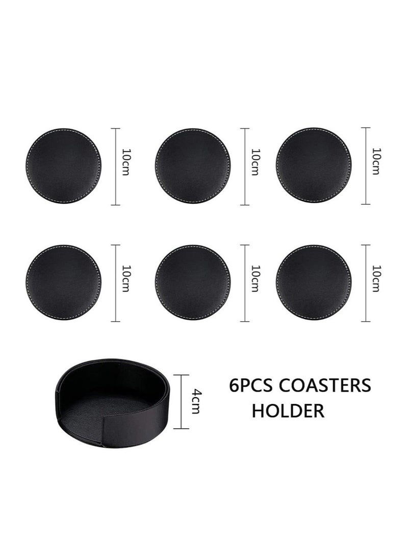 SHAOZHEN 6 PCS PU Leather Coaster Set with Holder, Water and Heat-Resistant Round Drink Mats, For Home or Gift (Black) - Image 5