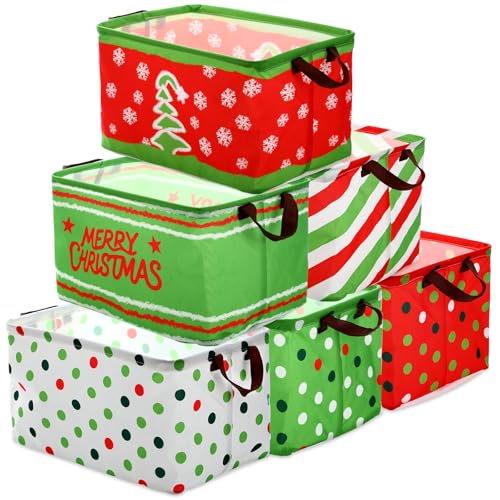 Vesici 6 Pack Christmas Basket for Gifts Empty Christmas Storage Bins with Handle Foldable Storage Box Canvas Laundry Basket for Xmas Office Home Bedroom Clothes - Image 1