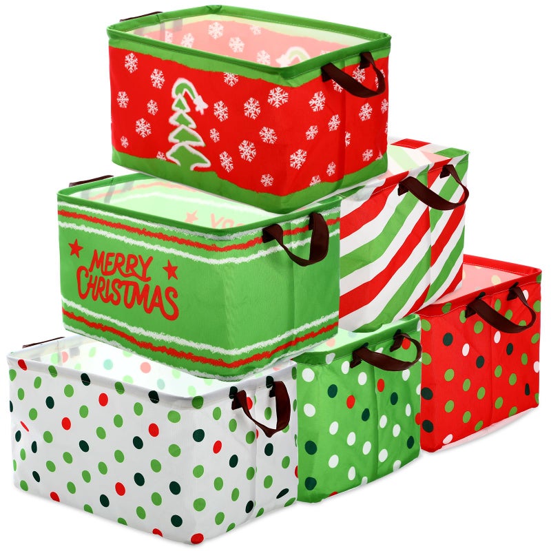 Vesici 6 Pack Christmas Basket for Gifts Empty Christmas Storage Bins with Handle Foldable Storage Box Canvas Laundry Basket for Xmas Office Home Bedroom Clothes - Image 2