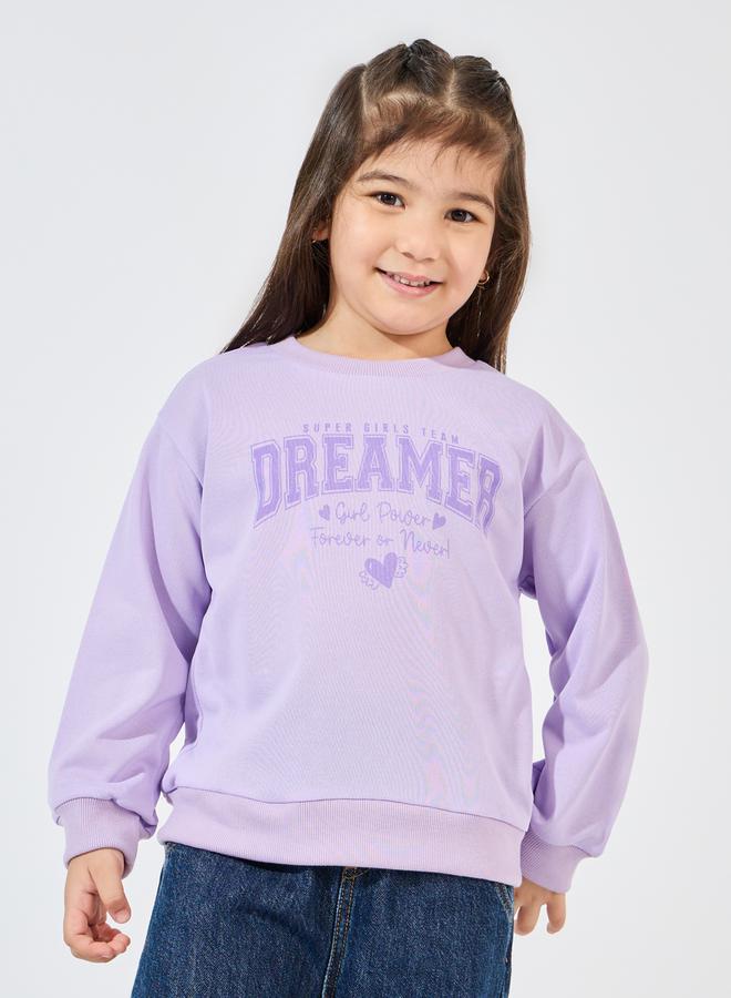 Styli Slogan Print Sweatshirt with Dropped Shoulder  - Image 1