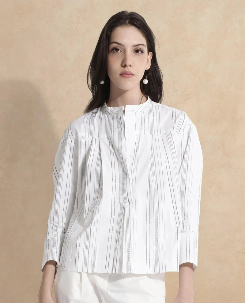 Rareism Women's Striped Mandarin Neck Top
