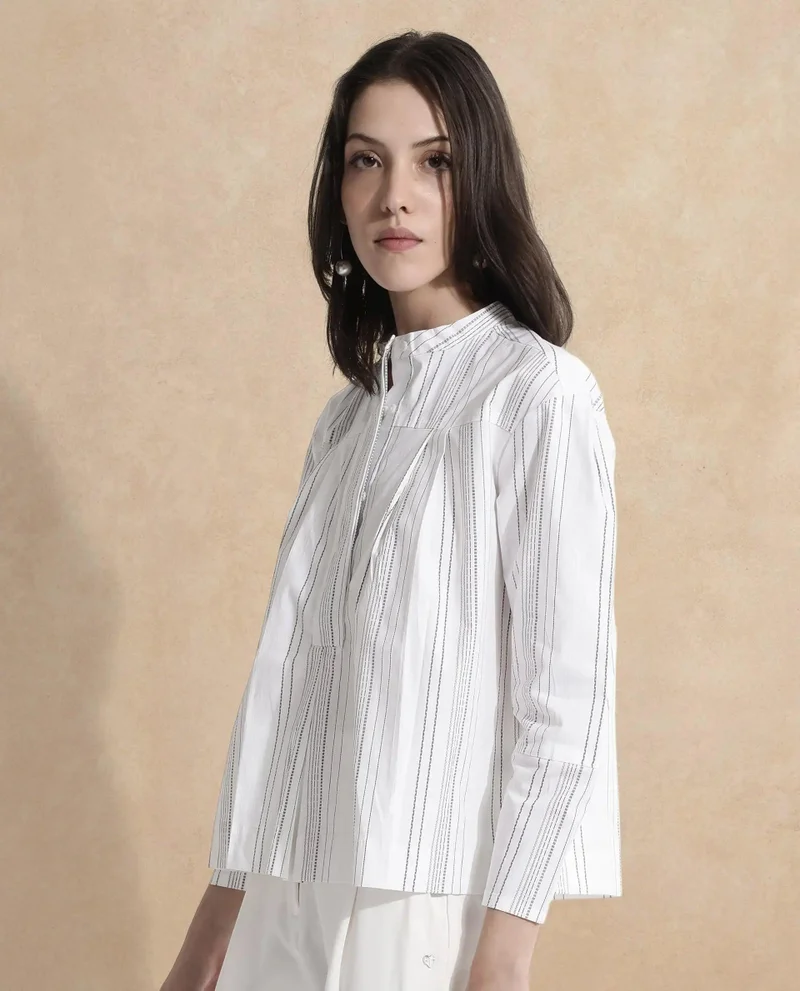 Rareism Women's Striped Mandarin Neck Top