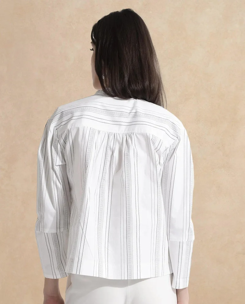 Rareism Women's Striped Mandarin Neck Top