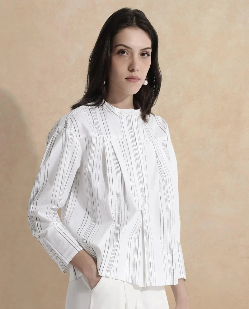 Rareism Women's Striped Mandarin Neck Top