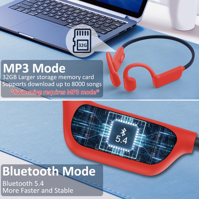 MARLALL Swimming Headphones-Bone Conduction Headphones, IP68 Waterproof Open Earphones, LiteSurge Bluetooth 5.4 Underwater Sport Earbuds with 32 GB MP3 Memory for Swimming, Marathon-Orange-red - Image 4