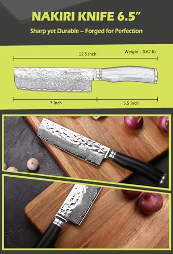 YOUSUNLONG Nakiri Knife - 6.5 Inch Usuba Kitchen Knife - Japanese Hammered Damascus Natural Leadwood Handle with Leather Sheath - Image 3