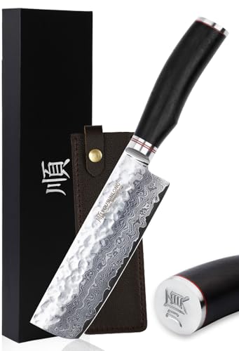 YOUSUNLONG Nakiri Knife - 6.5 Inch Usuba Kitchen Knife - Japanese Hammered Damascus Natural Leadwood Handle with Leather Sheath - Image 1