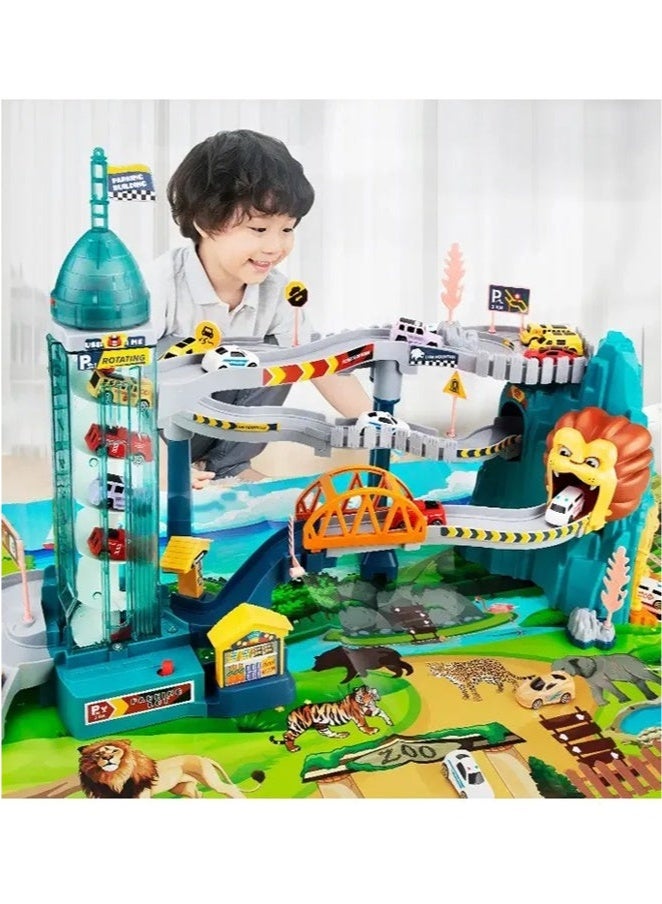 Toy Car Ramp Track,Toy Car Ramp Track Lion Climbing Hills and Lifting Parking Lot with 4 Mini Racer Cars, Climbing Hills Railcar Colorful Vehicles Construction Play Set Birthday Toy Gift for Kids 3 4 5 6 7 8 9 Years Old，Racer Cars and Track Toy for Preschool Gifts Kids Ages 3 Years and Older  - Image 1