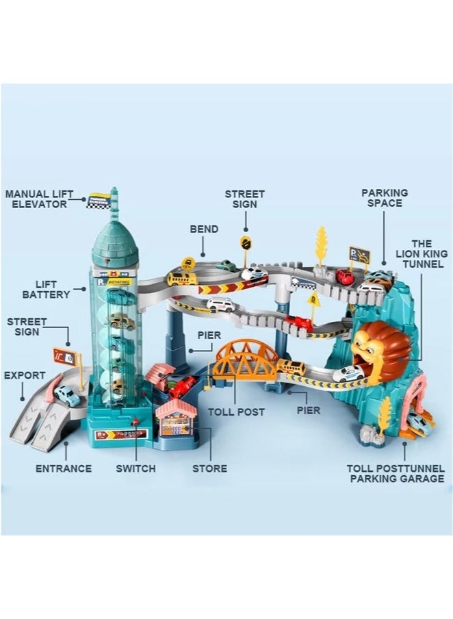 Toy Car Ramp Track,Toy Car Ramp Track Lion Climbing Hills and Lifting Parking Lot with 4 Mini Racer Cars, Climbing Hills Railcar Colorful Vehicles Construction Play Set Birthday Toy Gift for Kids 3 4 5 6 7 8 9 Years Old，Racer Cars and Track Toy for Preschool Gifts Kids Ages 3 Years and Older  - Image 3