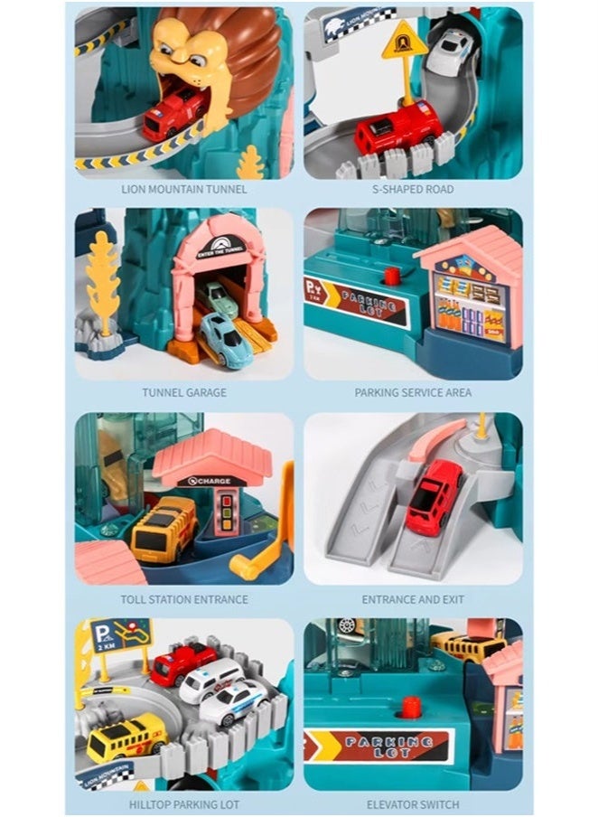 Toy Car Ramp Track,Toy Car Ramp Track Lion Climbing Hills and Lifting Parking Lot with 4 Mini Racer Cars, Climbing Hills Railcar Colorful Vehicles Construction Play Set Birthday Toy Gift for Kids 3 4 5 6 7 8 9 Years Old，Racer Cars and Track Toy for Preschool Gifts Kids Ages 3 Years and Older  - Image 4