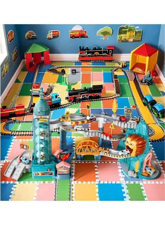 Toy Car Ramp Track,Toy Car Ramp Track Lion Climbing Hills and Lifting Parking Lot with 4 Mini Racer Cars, Climbing Hills Railcar Colorful Vehicles Construction Play Set Birthday Toy Gift for Kids 3 4 5 6 7 8 9 Years Old，Racer Cars and Track Toy for Preschool Gifts Kids Ages 3 Years and Older  - Image 2