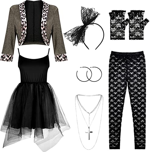 Boyiee Womens 80s Costume Set Dress Jacket Headband Earrings Necklace Lace Legging Gloves Halloween 80s Themed Costumes(L) - Image 2