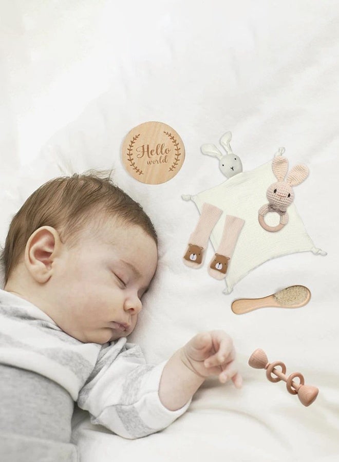 Hanayo طقم هدايا للأطفال 6 قطع هدايا حفلة استقبال المولود هدايا فريدة من نوعها لأساسيات الأطفال ألعاب استحمام الأطفال مع جرس فرشاة استحمام طقم هدايا للمولودين للبنات والأولاد (أبيض) - Image 5