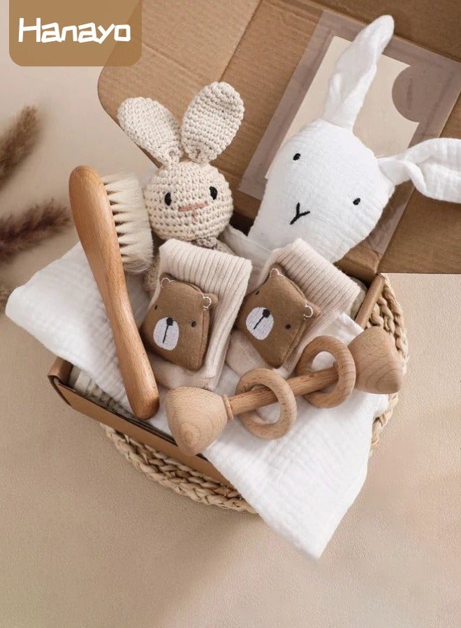 Hanayo طقم هدايا للأطفال 6 قطع هدايا حفلة استقبال المولود هدايا فريدة من نوعها لأساسيات الأطفال ألعاب استحمام الأطفال مع جرس فرشاة استحمام طقم هدايا للمولودين للبنات والأولاد (أبيض) - Image 1
