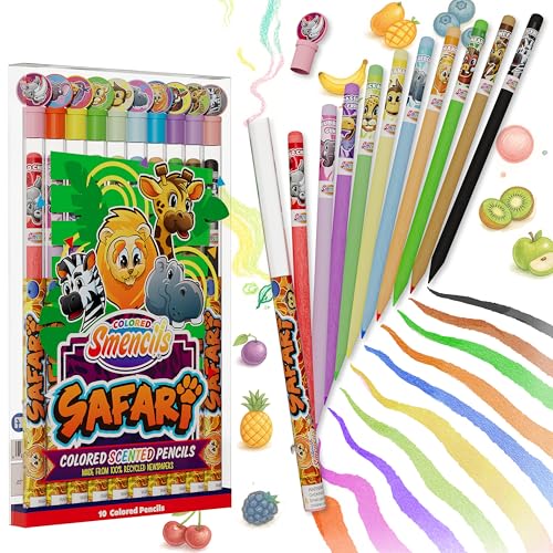 Scentco Safari Colored Smencils Patented Gourmet Scented Colored Fun Pencils Made from Recycled Newspapers 10 Count Gifts for Kids School Supplies Classroom Rewards Student Prizes - Image 1