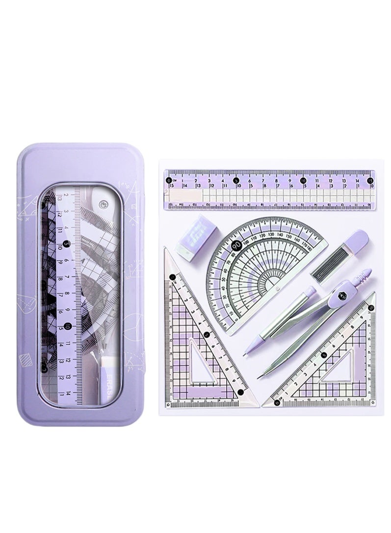 8 جهاز كمبيوتر شخصي أرجواني الهندسة مجموعة مع البوصلة، Protractor، الحكام، أدوات قياس الرسم الرياضي للفتاة المدرسية - Image 1