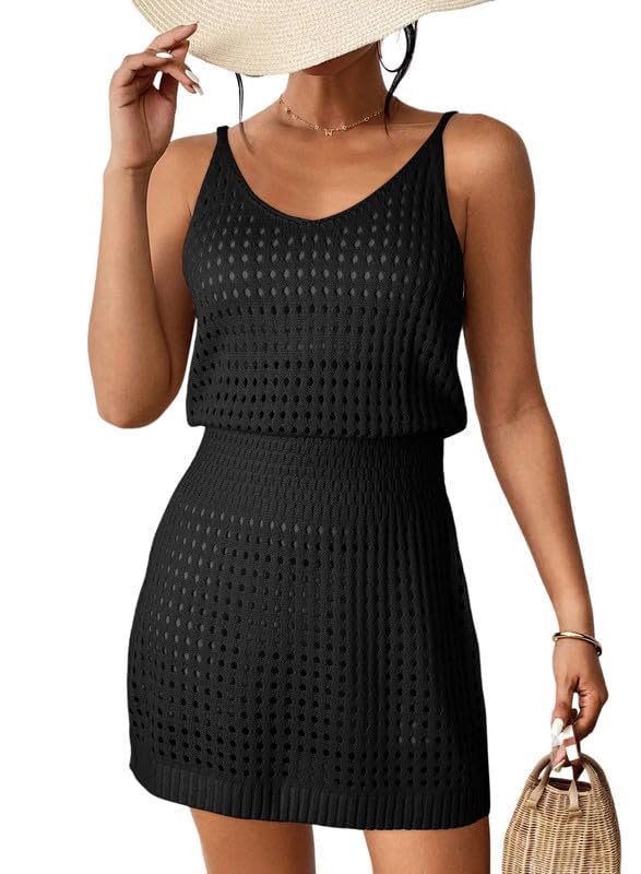 Dokotoo Swimsuit Women Cover Up 2025 Summer Casual Scoop Neck Sleeveless Crochet Hollow Out Womens Spaghetti Straps Knit Dress Beach Clothes Swimwear Hawaiian Shirt Dresses Black Large - Image 1