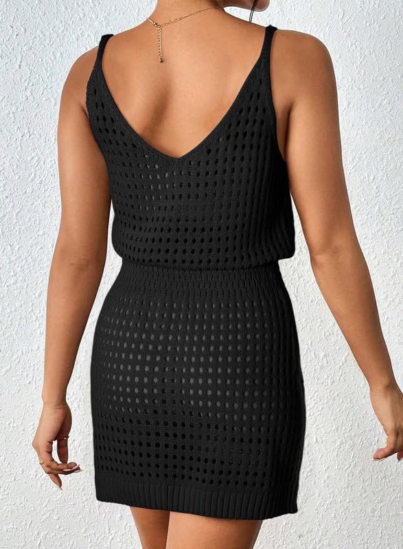 Dokotoo Swimsuit Women Cover Up 2025 Summer Casual Scoop Neck Sleeveless Crochet Hollow Out Womens Spaghetti Straps Knit Dress Beach Clothes Swimwear Hawaiian Shirt Dresses Black Large - Image 2