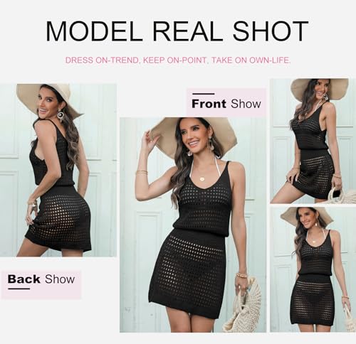 Dokotoo Swimsuit Women Cover Up 2025 Summer Casual Scoop Neck Sleeveless Crochet Hollow Out Womens Spaghetti Straps Knit Dress Beach Clothes Swimwear Hawaiian Shirt Dresses Black Large - Image 5