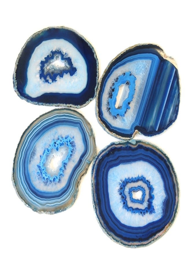 JIC Gem Extra Blue 4-5" Dyed Color Natural Agate Coasters Polished Geode Stone Coasters Agate Slices Set of 4 with Protective Rubber Bumper Home Decorative - Image 1