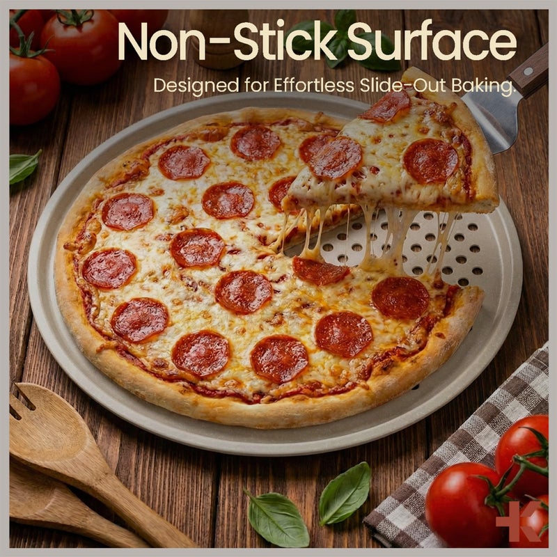 BAKKENMASTER Bakken Pizza Baking Pan - Round Perforated Carbon Steel Pan with Non-Stick Marble Coating, Oversized Silicone Handle, Dishwasher Safe, High-Temperature Resistant, Durable & Easy Cleanup White, 2 Pack - Image 3